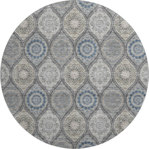 HomeRoots 8' Gray Navy Blue Beige Ogee Round Rug - Washable, UV Protected, Durable for High-Traffic Homes 677079