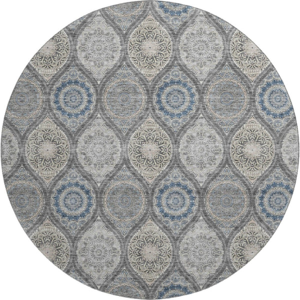 HomeRoots 8' Gray Navy Blue Beige Ogee Round Rug - Washable, UV Protected, Durable for High-Traffic Homes 677079