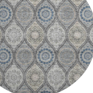 HomeRoots 8' Gray Navy Blue Beige Ogee Round Rug - Washable, UV Protected, Durable for High-Traffic Homes 677079