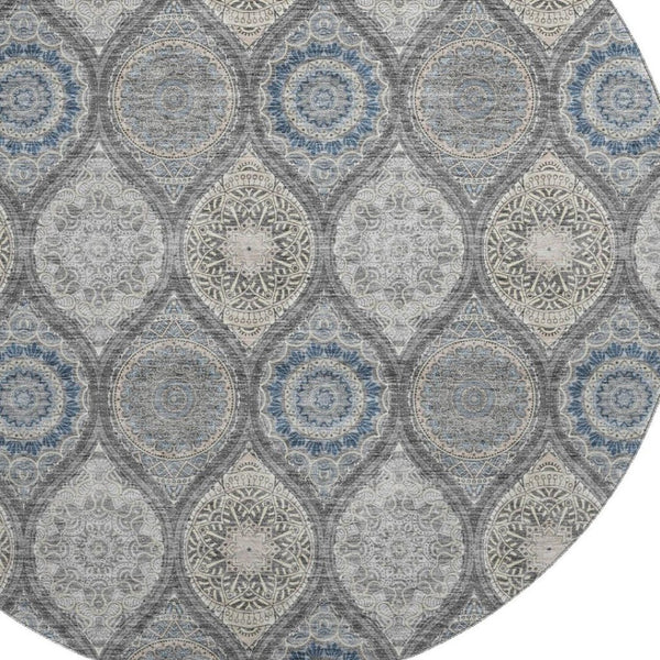 HomeRoots 8' Gray Navy Blue Beige Ogee Round Rug - Washable, UV Protected, Durable for High-Traffic Homes 677079