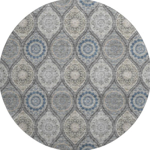HomeRoots 8' Gray Navy Blue Beige Ogee Round Rug - Washable, UV Protected, Durable for High-Traffic Homes 677079