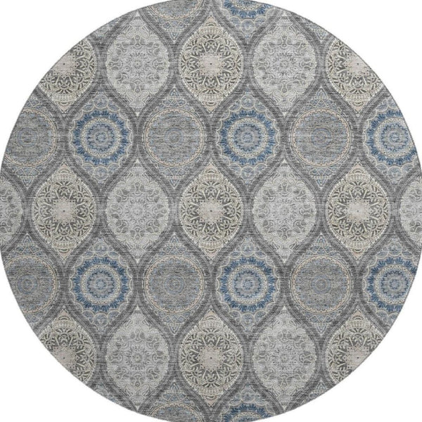 HomeRoots 8' Gray Navy Blue Beige Ogee Round Rug - Washable, UV Protected, Durable for High-Traffic Homes 677079