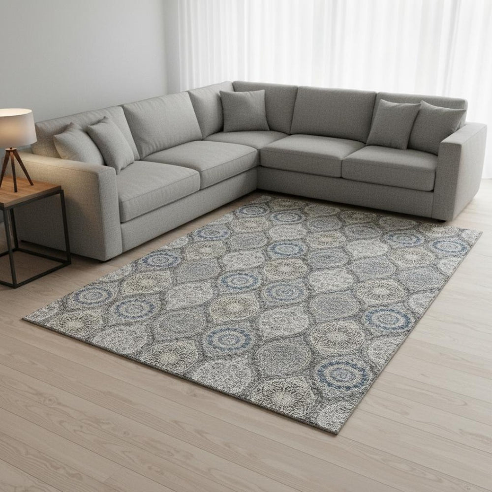 HomeRoots 8' X 10' Gray Navy Blue Ogee Area Rug - Washable, Stain-Resistant, UV Protected for Family Spaces 677080