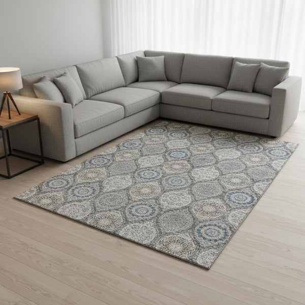 HomeRoots 8' X 10' Gray Navy Blue Ogee Area Rug - Washable, Stain-Resistant, UV Protected for Family Spaces 677080