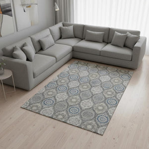 HomeRoots 9' Ogee Area Rug in Gray, Navy Blue & Beige - Washable, UV Protected, Stain Resistant for Homes 677081