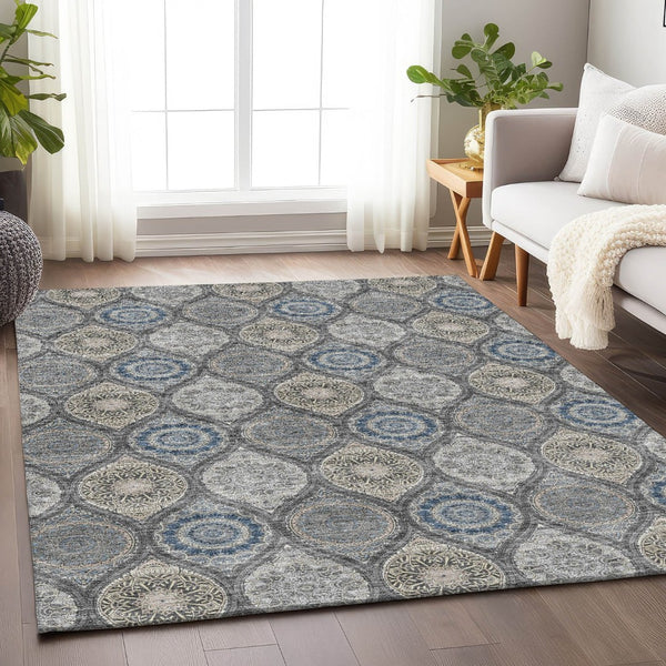 HomeRoots 9' Ogee Area Rug in Gray, Navy Blue & Beige - Washable, UV Protected, Stain Resistant for Homes 677081