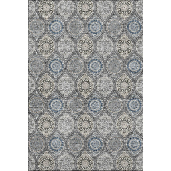 HomeRoots 9' Ogee Area Rug in Gray, Navy Blue & Beige - Washable, UV Protected, Stain Resistant for Homes 677081