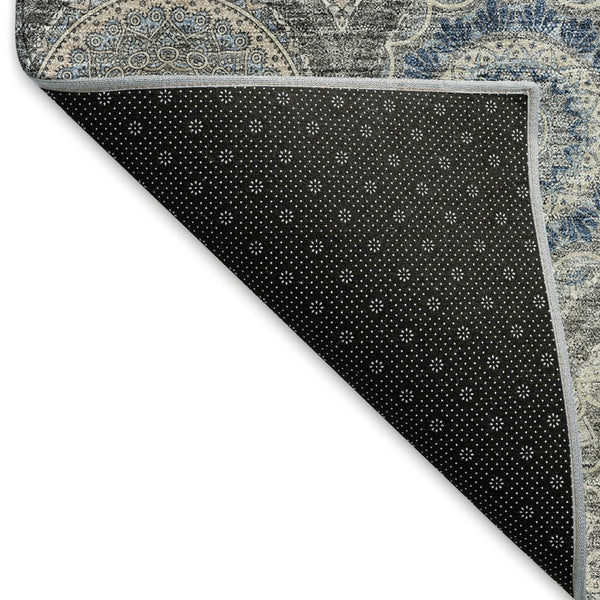 HomeRoots 9' Ogee Area Rug in Gray, Navy Blue & Beige - Washable, UV Protected, Stain Resistant for Homes 677081