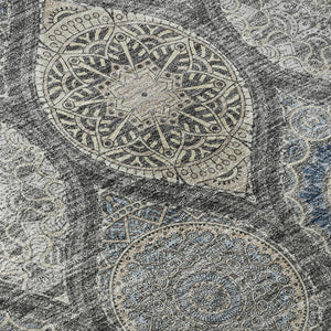HomeRoots 9' Ogee Area Rug in Gray, Navy Blue & Beige - Washable, UV Protected, Stain Resistant for Homes 677081