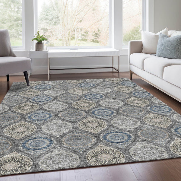 HomeRoots 9' Ogee Area Rug in Gray, Navy Blue & Beige - Washable, UV Protected, Stain Resistant for Homes 677081