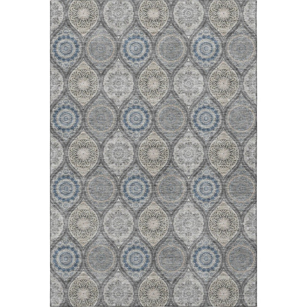 HomeRoots 9' Ogee Area Rug in Gray, Navy Blue & Beige - Washable, UV Protected, Stain Resistant for Homes 677081