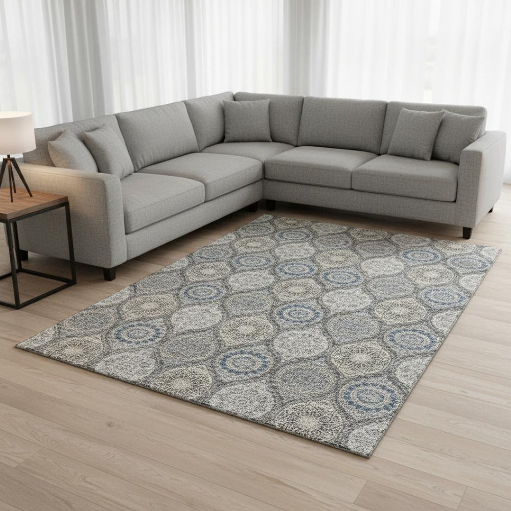 HomeRoots 10' Ogee Area Rug in Gray, Navy Blue & Beige – Washable, UV-Protected & Stain-Resistant for Homes 677082