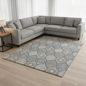 HomeRoots 10' Ogee Area Rug in Gray, Navy Blue & Beige – Washable, UV-Protected & Stain-Resistant for Homes 677082