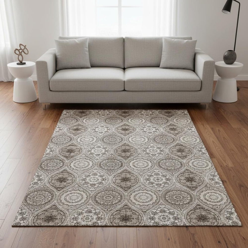 HomeRoots 5' X 8' Khaki Beige & Taupe Ogee Area Rug – Durable, Washable, UV-Protected for Homes with Kids & Pets 677084