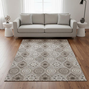HomeRoots 5' X 8' Khaki Beige & Taupe Ogee Area Rug – Durable, Washable, UV-Protected for Homes with Kids & Pets 677084