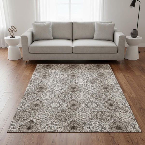 HomeRoots 5' X 8' Khaki Beige & Taupe Ogee Area Rug – Durable, Washable, UV-Protected for Homes with Kids & Pets 677084