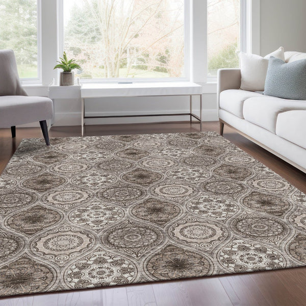 HomeRoots 5' X 8' Khaki Beige & Taupe Ogee Area Rug – Durable, Washable, UV-Protected for Homes with Kids & Pets 677084