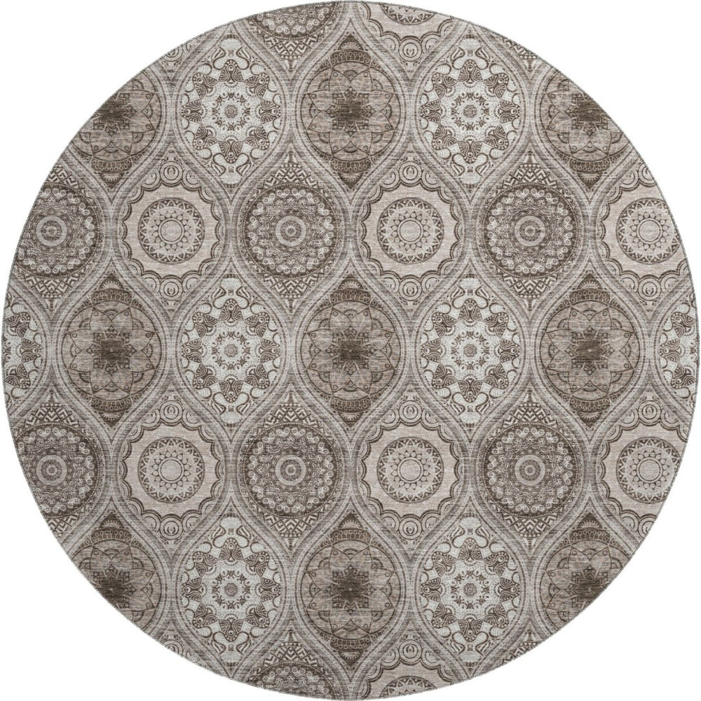 HomeRoots 8' Khaki Beige and Taupe Ogee Washable Round Rug – Durable, Stylish, UV Protected for High-Traffic Areas 677085