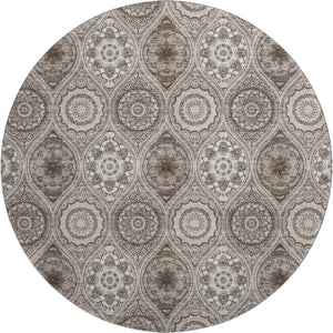 HomeRoots 8' Khaki Beige and Taupe Ogee Washable Round Rug – Durable, Stylish, UV Protected for High-Traffic Areas 677085