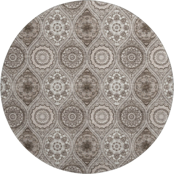 HomeRoots 8' Khaki Beige and Taupe Ogee Washable Round Rug – Durable, Stylish, UV Protected for High-Traffic Areas 677085