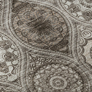 HomeRoots 8' Khaki Beige and Taupe Ogee Washable Round Rug – Durable, Stylish, UV Protected for High-Traffic Areas 677085