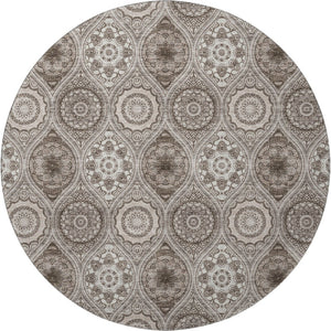 HomeRoots 8' Khaki Beige and Taupe Ogee Washable Round Rug – Durable, Stylish, UV Protected for High-Traffic Areas 677085