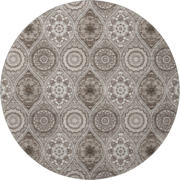 HomeRoots 8' Khaki Beige and Taupe Ogee Washable Round Rug – Durable, Stylish, UV Protected for High-Traffic Areas 677085