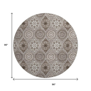 HomeRoots 8' Khaki Beige and Taupe Ogee Washable Round Rug – Durable, Stylish, UV Protected for High-Traffic Areas 677085