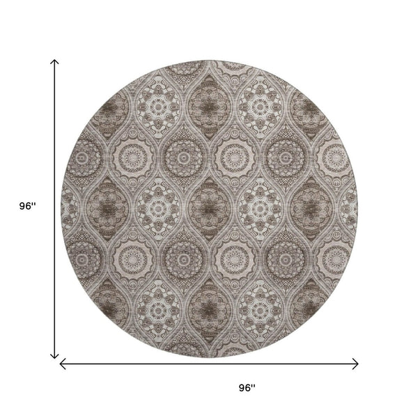 HomeRoots 8' Khaki Beige and Taupe Ogee Washable Round Rug – Durable, Stylish, UV Protected for High-Traffic Areas 677085