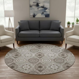 HomeRoots 8' Khaki Beige and Taupe Ogee Washable Round Rug – Durable, Stylish, UV Protected for High-Traffic Areas 677085