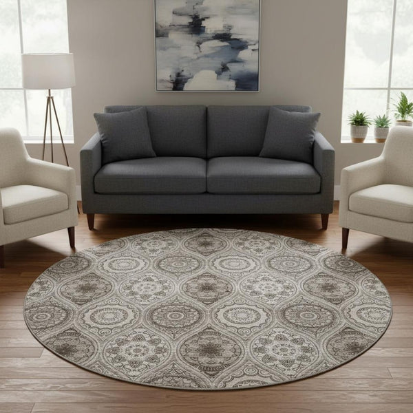 HomeRoots 8' Khaki Beige and Taupe Ogee Washable Round Rug – Durable, Stylish, UV Protected for High-Traffic Areas 677085