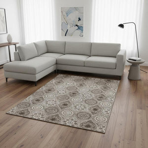 HomeRoots 8' X 10' Khaki Beige & Taupe Ogee Area Rug - Washable, UV Protected, Stain Resistant for Homes 677086