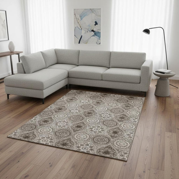 HomeRoots 8' X 10' Khaki Beige & Taupe Ogee Area Rug - Washable, UV Protected, Stain Resistant for Homes 677086