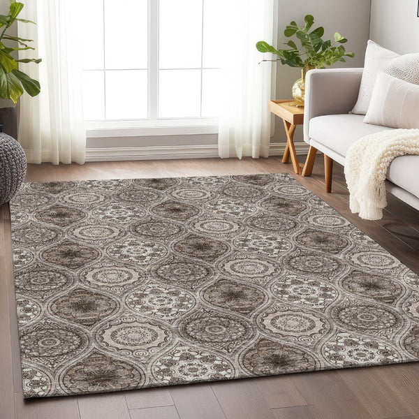 HomeRoots 8' X 10' Khaki Beige & Taupe Ogee Area Rug - Washable, UV Protected, Stain Resistant for Homes 677086