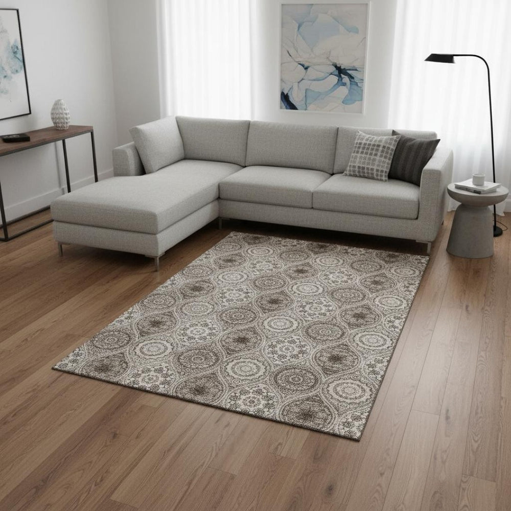 HomeRoots 9' X 12' Khaki Beige Ogee Area Rug - Washable, UV-Protected, Soft & Stylish for Busy Homes 677087