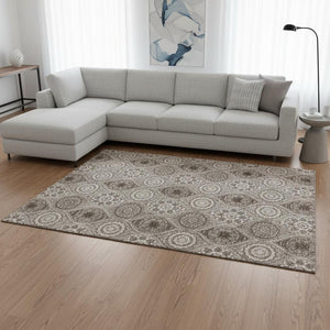 HomeRoots 10' X 14' Khaki Beige & Taupe Ogee Area Rug - Durable, Washable, UV-Protected for High-Traffic Homes 677088