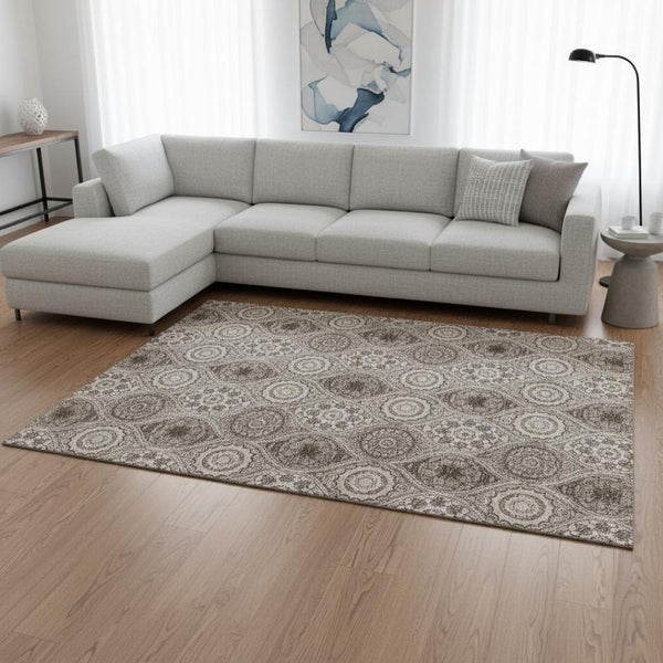 HomeRoots 10' X 14' Khaki Beige & Taupe Ogee Area Rug - Durable, Washable, UV-Protected for High-Traffic Homes 677088