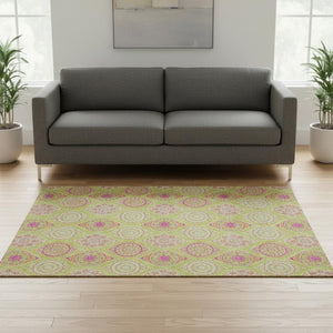 HomeRoots 5' X 8' Vibrant Lime Green Pink Ivory Ogee Area Rug - Washable, UV Protected, Ideal for Homes 677090