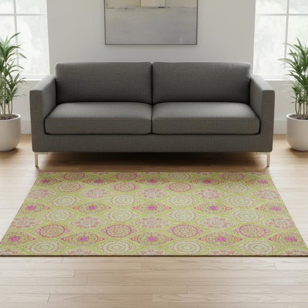 HomeRoots 5' X 8' Vibrant Lime Green Pink Ivory Ogee Area Rug - Washable, UV Protected, Ideal for Homes 677090