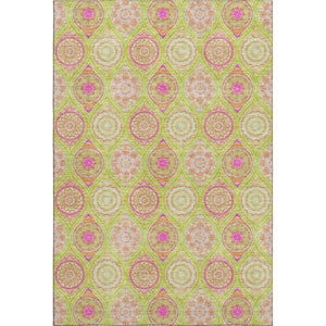 HomeRoots 5' X 8' Vibrant Lime Green Pink Ivory Ogee Area Rug - Washable, UV Protected, Ideal for Homes 677090