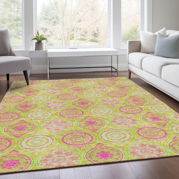 HomeRoots 5' X 8' Vibrant Lime Green Pink Ivory Ogee Area Rug - Washable, UV Protected, Ideal for Homes 677090