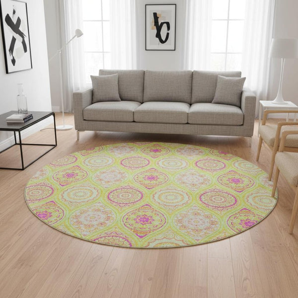 HomeRoots 8' Vibrant Lime Green, Pink & Ivory Ogee Washable Round Rug with UV Protection for Any Space 677091