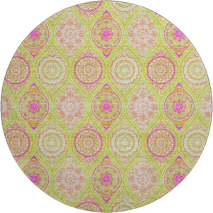 HomeRoots 8' Vibrant Lime Green, Pink & Ivory Ogee Washable Round Rug with UV Protection for Any Space 677091
