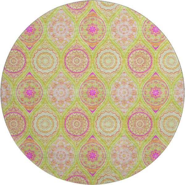 HomeRoots 8' Vibrant Lime Green, Pink & Ivory Ogee Washable Round Rug with UV Protection for Any Space 677091