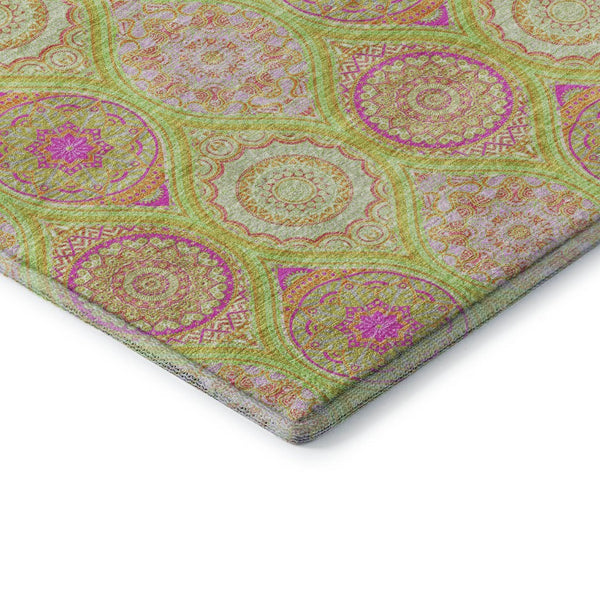 HomeRoots 8' Vibrant Lime Green, Pink & Ivory Ogee Washable Round Rug with UV Protection for Any Space 677091