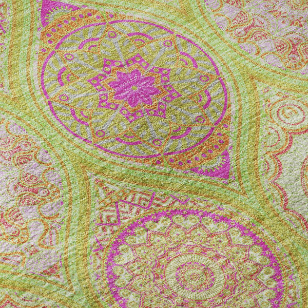 HomeRoots 8' Vibrant Lime Green, Pink & Ivory Ogee Washable Round Rug with UV Protection for Any Space 677091