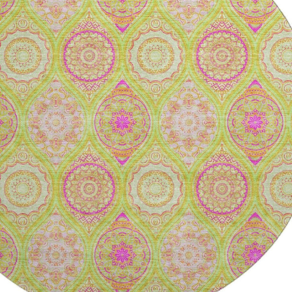 HomeRoots 8' Vibrant Lime Green, Pink & Ivory Ogee Washable Round Rug with UV Protection for Any Space 677091