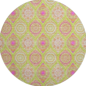 HomeRoots 8' Vibrant Lime Green, Pink & Ivory Ogee Washable Round Rug with UV Protection for Any Space 677091
