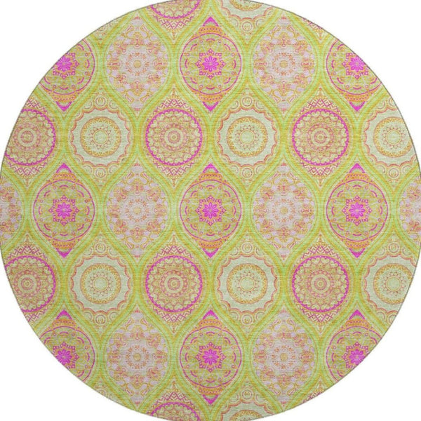 HomeRoots 8' Vibrant Lime Green, Pink & Ivory Ogee Washable Round Rug with UV Protection for Any Space 677091