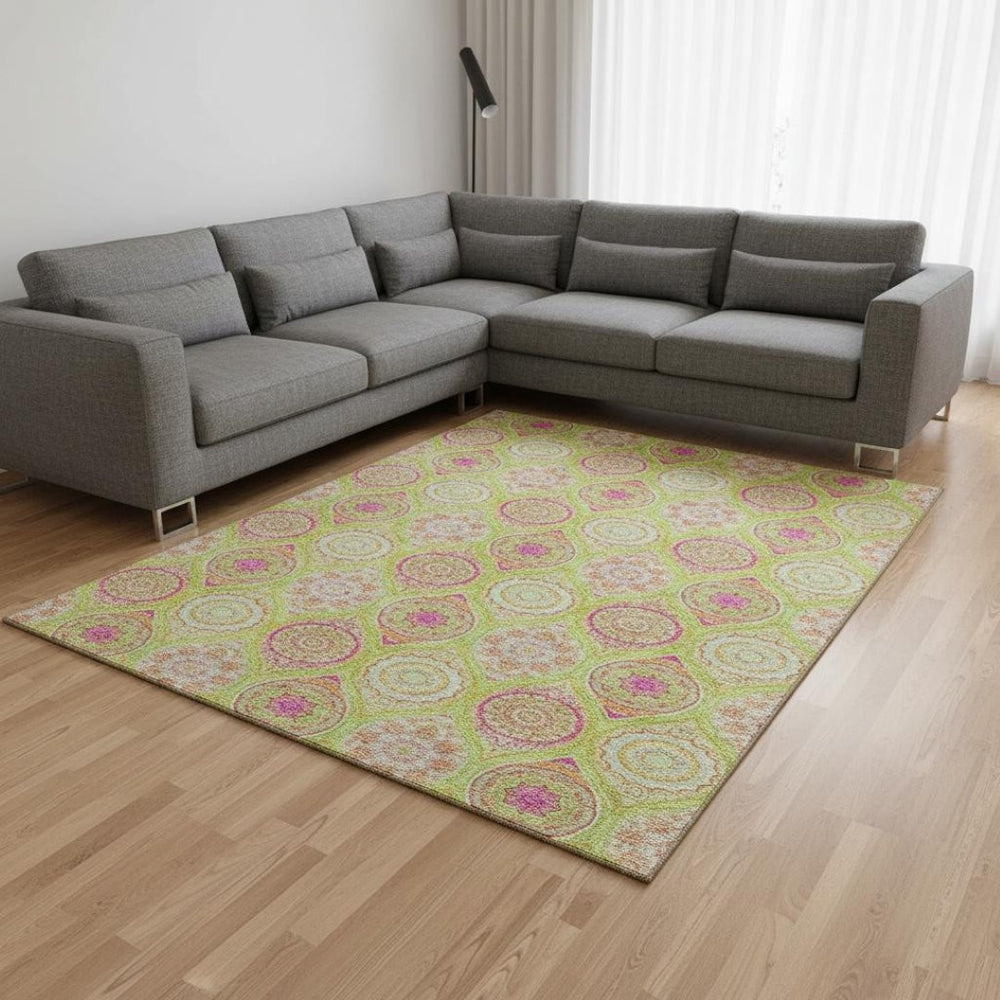 HomeRoots 8' X 10' Vibrant Lime Green, Pink & Ivory Ogee Area Rug - Washable, UV Protected & Stain Resistant! 677092